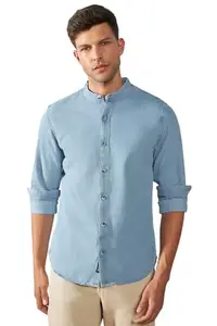 Dennis Lingo Mens Blue Mandarin Collar Cotton Shirts (DLMSHW23153_BL, Blue, XL)