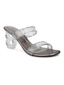 Inc.5 Women Pewter Embellished Open Toe Party Block Heels
