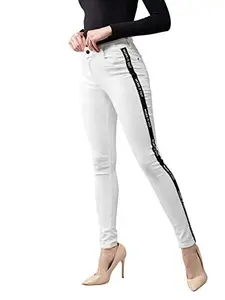 Dolce Crudo Women's White Skinny Mid Rise Clean Look Printed Twill Tape Detailing Regular Length Stretchable Denim Jeans(DOSS19DEN07-18-82-30,White,30)