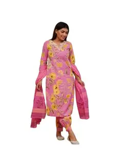 Royal Dresses Women’s Cotton Kurta with Pants and Dupatta Set | Embroidered Suit for Women with Afghani Pants – Pink with 3 Pc Set