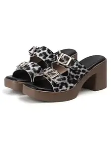 TRYME Stylish Slip on Leopard Printed Duble Buckle Strap Chunky Block Heel Sandals For Women And Girl