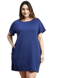SHOWOFF Women's Round Neck Regular Sleeves Blue Solid A-Line Dress-DQ-18-969-3W_Blue_5XL