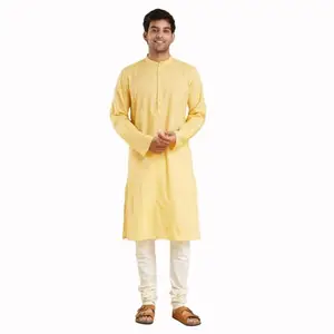 Fabindia Yellow Cotton Blend Dobby Slim Fit Long Kurta