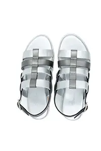 Elanberg Womens Faux Leather Duo Flat Sandal Fashion Sandals (Silver and Dark Grey, 8 UK)