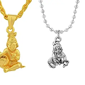 morir Set of 2 Gold And Oxidized Silver Plated Krishna Laddu Gopal Kanha Makhan Chor Baby Krishna Thakurji Pendant Locket Chain Necklace Temple Jewelry For Men Women Girls