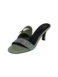 MONROW Ivy Sitara Leather Kitten Heels for Women, Green, UK-7 | Fancy & Stylish Heel sandals, Casual, Comfortable Fashion Heel Sandal