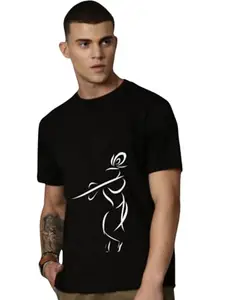 LUVATI Oversized T-Shirt for Men | Loose Fit Cotton Tee with Drop Shoulder | Casual Round Neck Half Sleeve Streetwear (Size - XL, Krishna) Blue