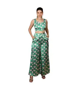 Flawless Women's Green Satin Sexy Top and Pant Party Co-Ord Set | Pretty Bright floral Print Co-ord Set For women | STELA