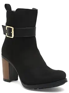 Bruno Manetti women's Black Slipon Zipper and PU Leather Belt Buckle Calf Length Boots