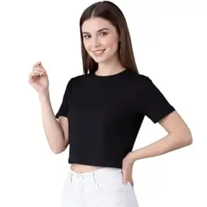 NAVRAAH Women Solid Color Crop Top | Round Neck Half Sleeve Casual T-Shirt | Regular Fit Stylish Top for Girls & Women