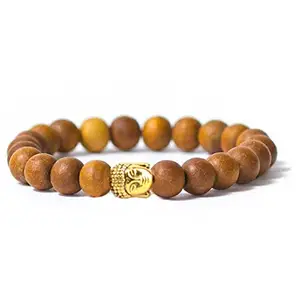 EDMIRIA Sandalwood Chandan Round Beads Spiritual Om Buddha Divine Charm Yoga Meditation Handmade Elastic Stretchable Bracelet for Men and Women (Buddha Gold Bead 8mm)