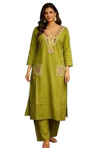 Aarika Womens Ethnic Wear Green Colour Thread Embroidery Cotton Kurti & Pant Set