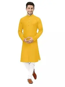 Yuvina Fashion Men's Solid Cotton Long Sleeve Regular Fit Casual Wear Kurta Pyjama Set (Y-F-749_Yellow_L)