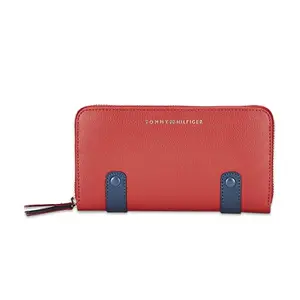 Tommy Hilfiger Omaha Leather Zip Around Wallet Handbag For Women - Red+Navy, 12 Card Slots
