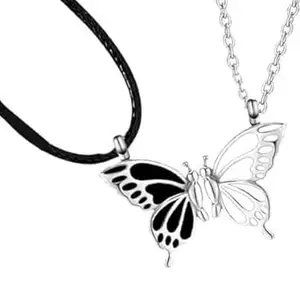 Valentine's Day Special Black & White Stainless Steel Romantic Forever Magnetic Distance Broken Butterfly Charm Pendant Locket Necklace With Clavicle Chain & Rope For Couples