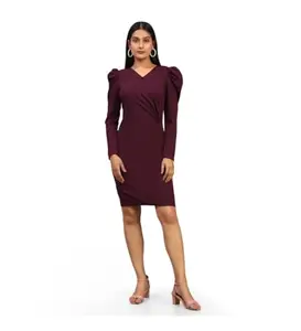 Women's Cotton Lycra Bodycon Dress (Wine, L)-PID45122
