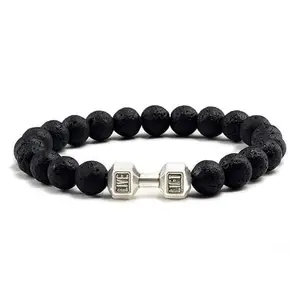 Natural Lava Stone Bracelet, 8mm Black Beads with Dumbbell Charm,Unisex