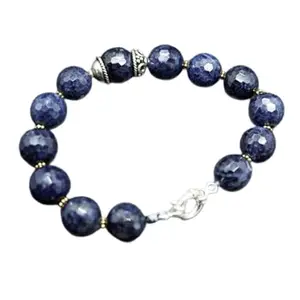 RRJEWELZ Blue Sapphire Bracelet for Men & Women – 12mm Round Faceted Blue Beads – 7 inch with Silver Plated Clasp – Healing, Fashion, Gift, Spiritual, Yoga|LCBR_RR_01598