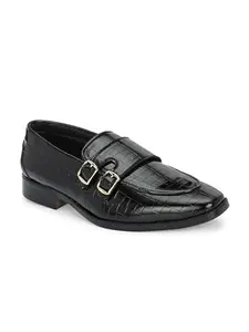 HiREL'S Mens Black Patent Formal Shoes Double Monk (Croc Patent Design