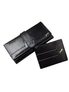 WILD EDGE Unisex Black Solid Genuine Leather Accessory Gift Set - Black Leather Wallet with Long Wallet Purse Coin Button Clutch Bag
