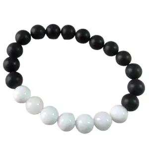 RRJEWELZ Unisex Bracelet 8mm Natural Gemstone Matte Onyx & White Jade Round shape Smooth cut beads 7 inch stretchable bracelet for men & women. | STBR_05566