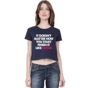 High on Soda It Doesn't Matter How You Start Finish Like Dhoni Crop Top for Women (Navy Blue, X-Small)