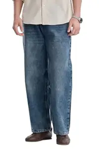 SNITCH Men Jeans Casual Wear | Baggy Fit Wide-Leg Mid Rise Clean Look | 100% Cotton Denim Non-Stretch All Seasons Wearable for Daily Use & Outings