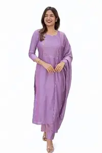 ALAKHI STUDIO Women Cotton Kurta Pant Set with Chanderi Cotton Dupatta | 3-Piece Straight Fit 3/4 Sleeves Kurta with V-Neck | Ethnic, Festive & Casual Wear for Women| 3 Piece Set