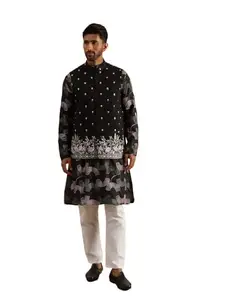 SOJANYA Men's Cotton Silk Black Kurta and White Pyjama With Daman Embroidered Black Nehru Jacket