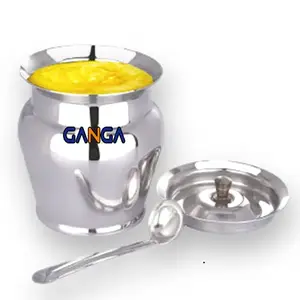 GANGAMETAL GANGA Elegant Stainless Steel Ghee Pot With Spoon Oil Container Ghee Pot Set with Spoon Silver Touch Finish 300ML