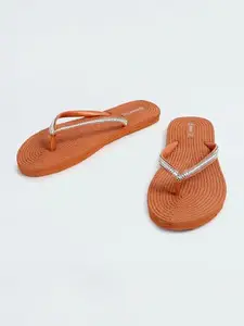 Max Women Embellished V-Strap Slippers, Rust Coral, 37