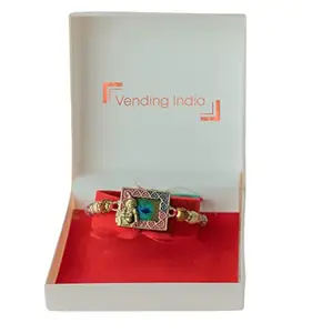 Vending India Boy's Premium Rakhi | Krishna Set On Real Peacock Feather | Rakhi For Brother In A Luxury Jewellery Box Combo With Roli, Chawal, Chandan & Mishri In A Rakshabandhan Card