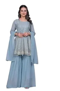Women's Georgette Readymade Kurta & Sharara Dupatta Set Stylish Kurti Set for Women | Embroidered Work Kurta Set For Any Occasion