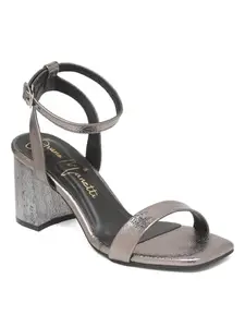 Bruno Manetti women's Gunmetal Slip-on Golden Buckle Back Strap with Square Toe Comfort New Broad Heels