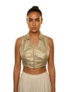 Aanyor Women’s Solid Silk Saree Blouse | Sleeveless Collared Neck | Front Hook & Eye Closure | Readymade Ethnic Wear for Festive, Wedding & Party