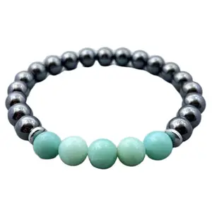 RRJEWELZ Natural Amazonite & Hematite 8mm Round Shape Smooth Cut Beads 7.5 Inch Stretchable Bracelet For Men & Women. Unisex Bracelet For Healing, Meditation, Prosperity, Gift & Luck|STBR_RR_10543_7.5