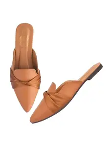 Shoetopia Women's TanSlip-On Mules – Pointed Toe Flats with Satin Ribbon Detailing | Stylish Casual & Office EU37