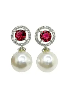 Femmibella Red Ruby & American Diamond Studded Pearl Drop Earrings For Women and Girls