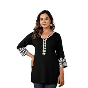 Indesi Embroidered V-Neck Short Kurti for Women, Stylish Rayon Tunic Top with 3/4 Designer Sleeves