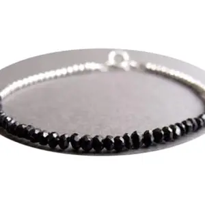 RRJEWELZ Natural Black Spinel 4mm Rondelle Shape Faceted Cut Gemstone Beads 7 Inch Silver Plated Clasp Bracelet For Men, Women. Natural Gemstone Link Bracelet. | Lcbr_01320