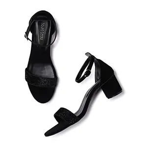 Marc Loire Women’s Open Toe Shimmer Block Heel Fashion Sandals With Buckled Ankle Strap (Black, numeric_3)