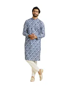 Manyavar Men's Cotton Blend Printed Kurta Pyjama Set (Greyish Blue,M)