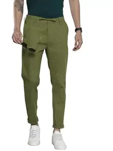 The Indian Garage Co Men Slim Fit Solid Mid-Rise Elasticated Linen Trousers