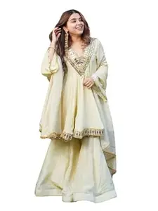 Aspora Women's Chinnon Embroidered Peplum Kurta with Sharara and Dupatta Set | Elegant V-Neck 3-Piece Ethnic Suit with Intricate Mirror Work Embroidery