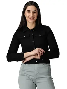 SHOWOFF Women's Spread Collar Solid Black Denim Jacket-LT-JKT-105373_Black_XS