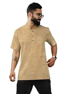 Men Short Kurta Half Sleeve Mandarin Collar | Pure Khadi Cotton Blend Linen Textured Fabric | Casual Ethnic Wear | Festive Kurta for Men