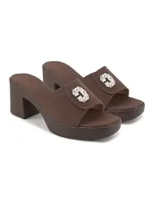 SELFIEE Women's Elegant Stylish Broad Strap with Crystal Stone Embellished Slip-on Party Chunky Block Heel Sandals