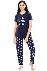 ZEYO Women's Cotton Flash Printed Stylish Night Suit Set of Top & Pyjama 5623 Blue