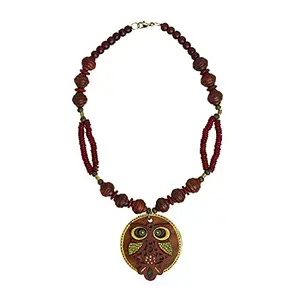 ExclusiveLane 'Symphony of Owls' Bohemian Handpainted Necklace For Women & Jewelley Neckpiece For Girls In Recycled Wood, (L * H) = (2.4 * 12.6) Inch (EL-031-045)