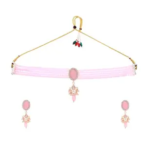 Yellow Chimes Jewellery Set for Women | Traditional Pink Beads Choker Necklace Set | Ethnic Gold Plated Choker Set for Girls Birthday Gift for Girls & Women Anniversary Gift for Wife